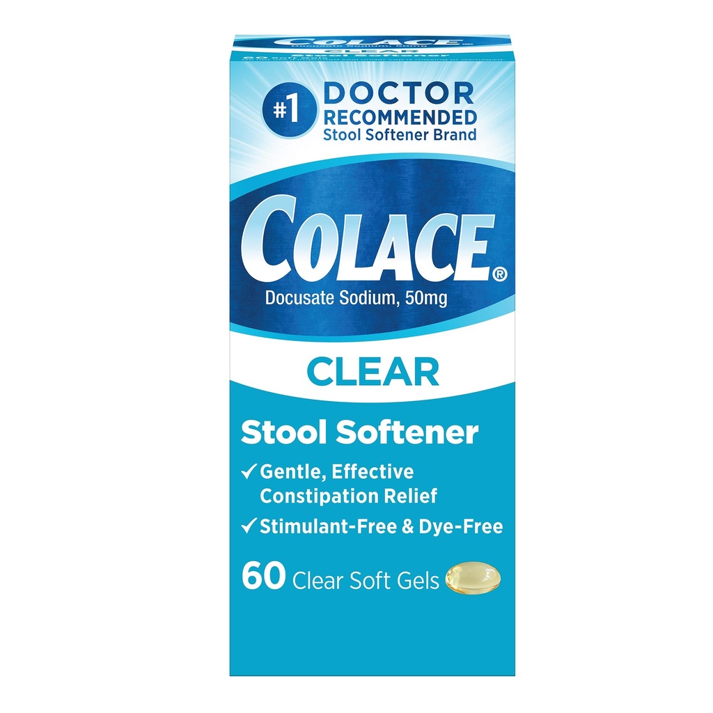 Colace Clear Stool Zmäkčovač pre jemné efektívne zápcha Relief, # 1 Lekár odporúča Stool Zmäkčovač Brand, Farbivo zadarmo, 50 mg Docusate Kapsule, 60 Počet