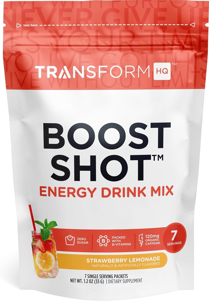 Transform HQ Boost Shot Powder Drink Packet Packet, Strawberry Lemonade, 7 Pack, Energetické doplnky pre ženy a mužov, s kofeínom, vitamín B12, B9, B6 a B3