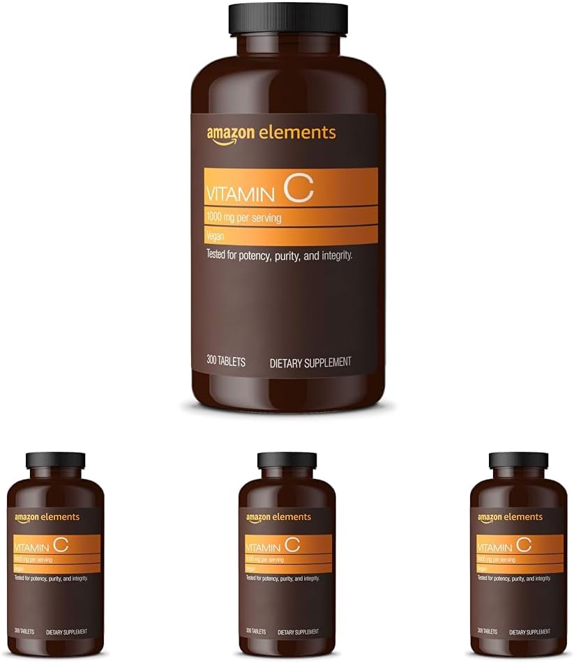Amazon Elements Vitamín C 1000 mg, podporuje zdravý imunitný systém, Vegan, 300 tabliet, 10 mesiacov dodávky (Stoj po 4)