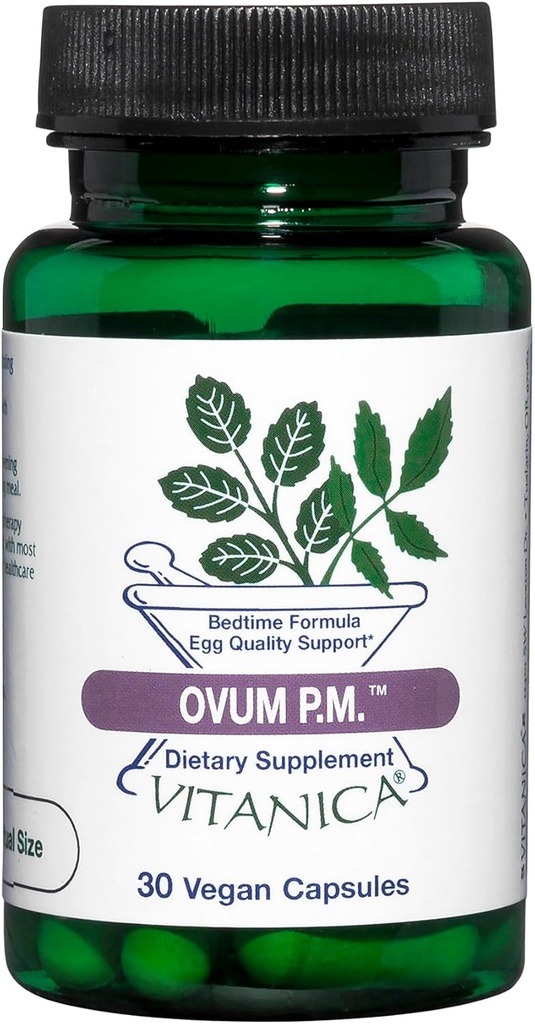 Vitanica Ovum P.M. - Podpora kvality vajec s vitamínom D3, Alpha Kyselina lipoová a melatonín - funguje najlepšie s Ovum A.M. - Bylinné diétne doplnky pre zdravie žien - Pro Logo - 30 Vegan Caps