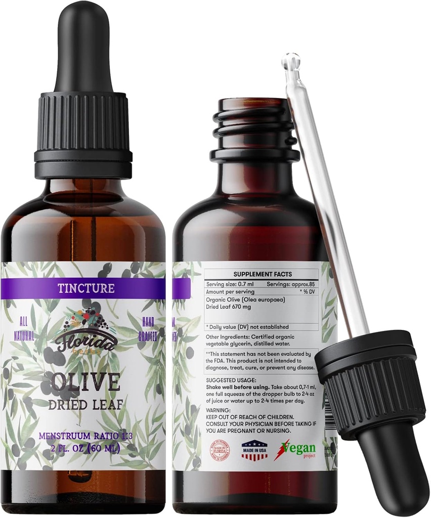 Organic Olive Leaf Tinture, Olive Extract Liquid (Olea europaea) Supplement Leaf Herbal, Non-GMO in Cold-Pressed Organic Green Glycerin, 700 mg, 2 oz (60 ml)