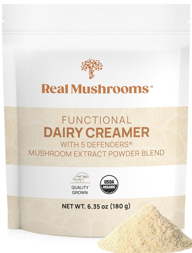 Real Mushrooms Functional Dairy Creamer with Mushroom Extracts – Sweetened with Organic Lucuma & Maple Powder – Functional Organic Cream – 90 Servings, Tea, Smoothie & Coffee Creamer Powder