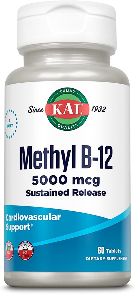 KAL Vitamín B12 Metylkobalamín 5000mcg, Zdravá energia, Metabolizmus, Nervová a červená krvná podpora, * Rýchle rozpustenie ActivMelty, Optimálna absorpcia, Prírodná malinová chuť, 90 Servisov, 90 Micro Tabs