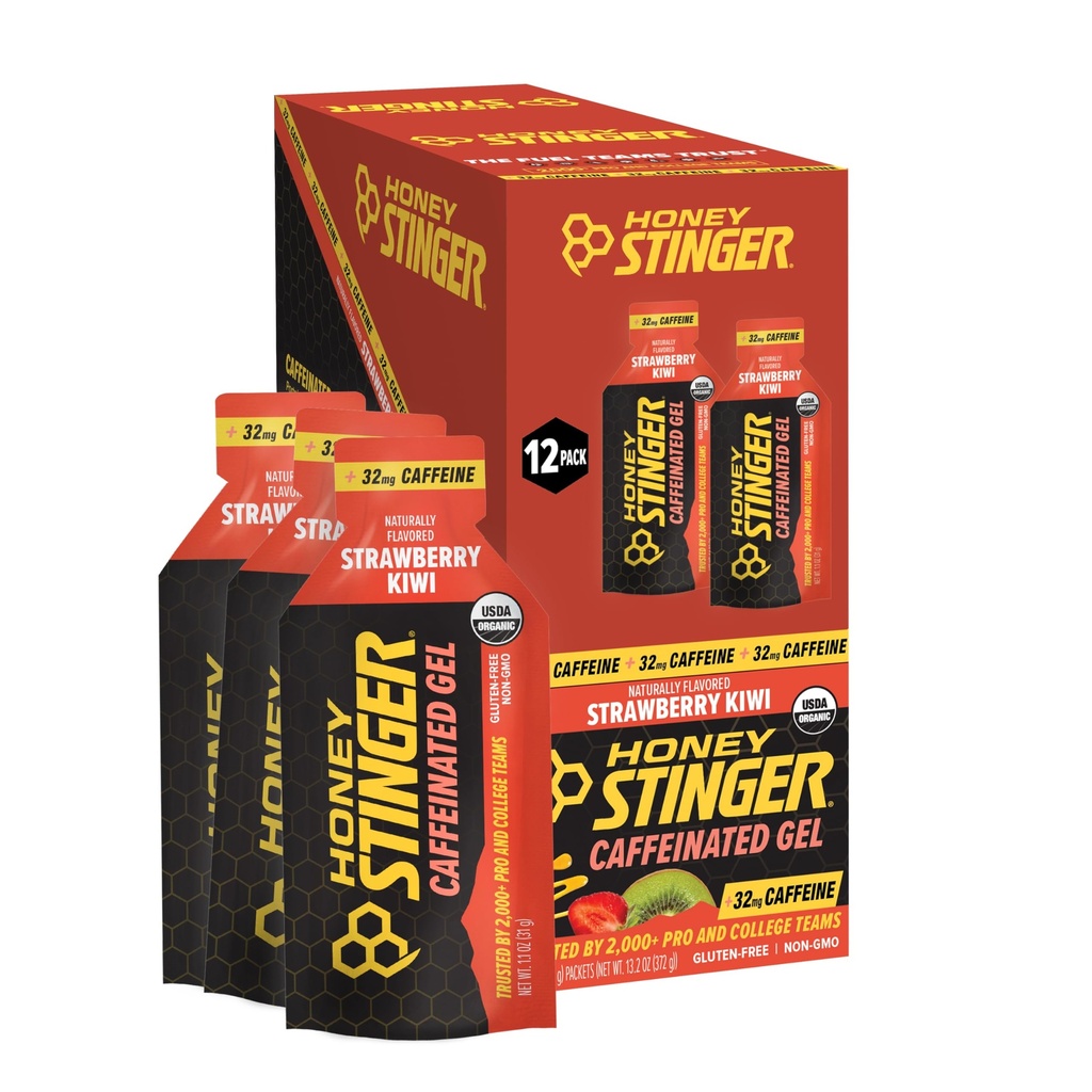 Honey Stinger Organic Strawberry Kiwi Energy Gel, kofeínovaný a bezlepkový, na cvičenie, beh a výkon, športové výživa pre domáce & Gym, Pre a stredné cvičenie, 12 Balenie, 13.2 Ounce