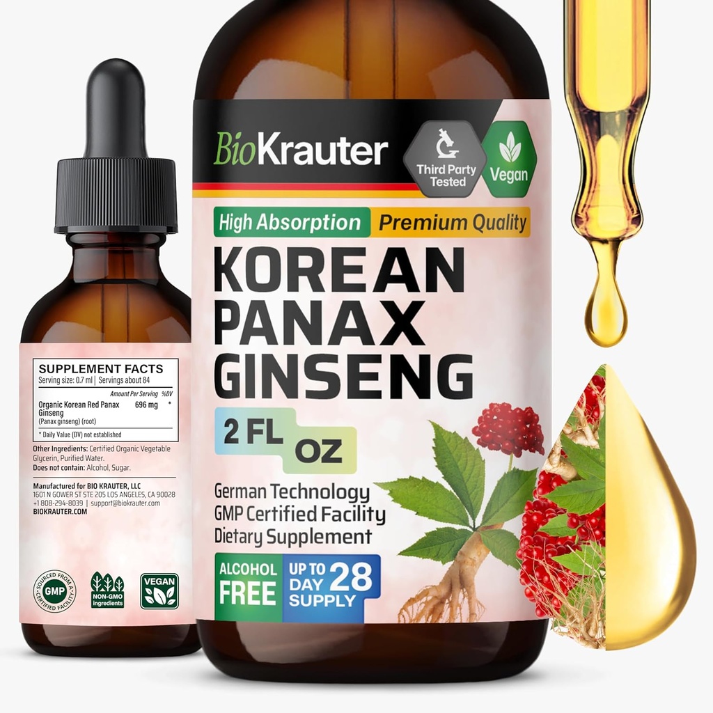 BIO KRAUTER Panax Ginseng Extract Liquid - Korean Red Ginseng Supplement Alcool Free - Immune Support - Vegan, Sugar Free - 2 Fl.Oz.
