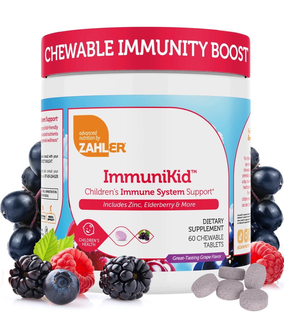 Zahler Kids Imunitná podpora doplnok s bazami, zinkom a vitamínom C D3 A - Hroznovo ochutené žuvacie tablety - Košer pre deti vo veku 4 a viac rokov, 60 počet