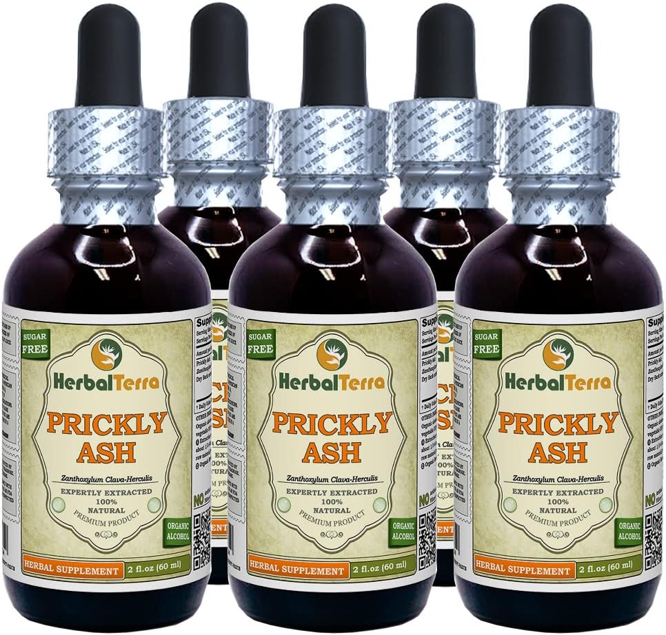 Prickly Ash (Zanthoxylum Clava-herculis) Tinculation, Sušená kôra Liquid Extract (Brand Name: HerbalTerra, Proudly Made in USA) 5x2 fl.oz (5x60 ml)