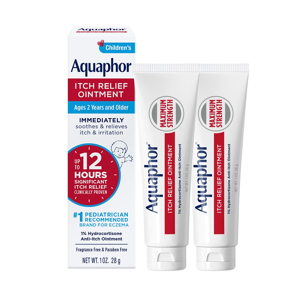 Aquafor Children's Ich Relief Ointment, 1% Hydrokortizón Anti Itch Ointment for Skin Irritation, Insect Bites, Psoriáza, Kožné vyrážky Ekzém & Poison Ivy, Fragrance Free, 1 Oz Tube, balenie 2
