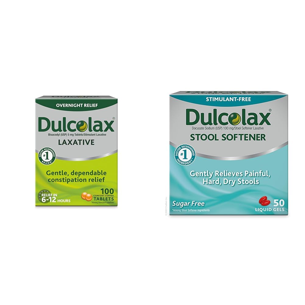 Dulcolax Stimulant Laxatíva Tablety (100 Počet) Jemné Jednodňové Zápcha Relief, Bisakodyl 5 mg & Stool Solener Laxative Tekuté Gélové kapsule (50ct) Jemné Relief, Dokusate Sodík 100mg