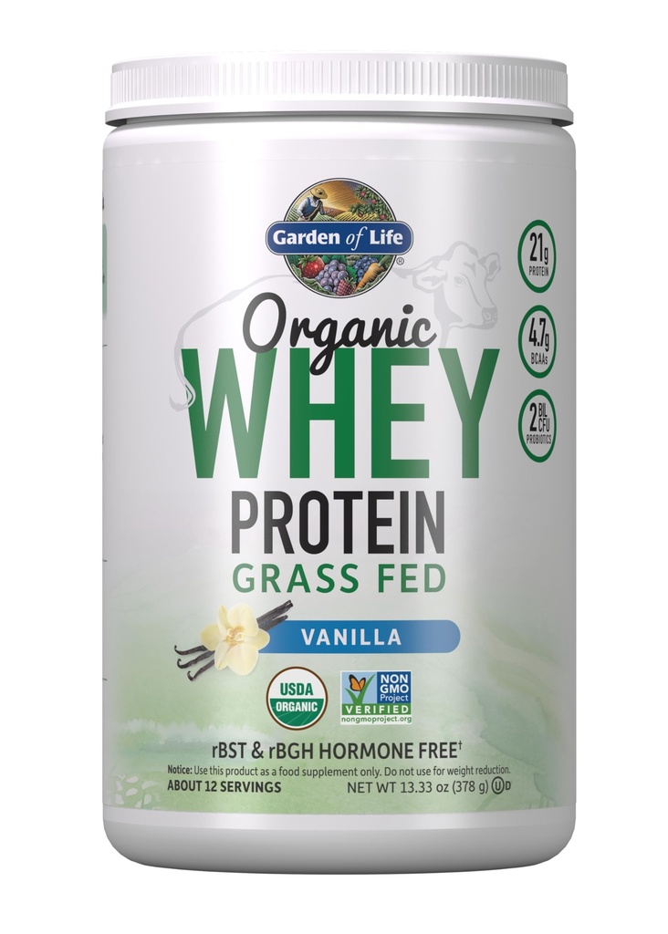 Garden of Life Grass Fed Srvátka Protein prášok Vanilla - 21g Protein for Women & Muži + Probiotiká - 12 Slúži - bez lepku, Non GMO, Kosher, Humane, RBST & rBGH bez hormónov