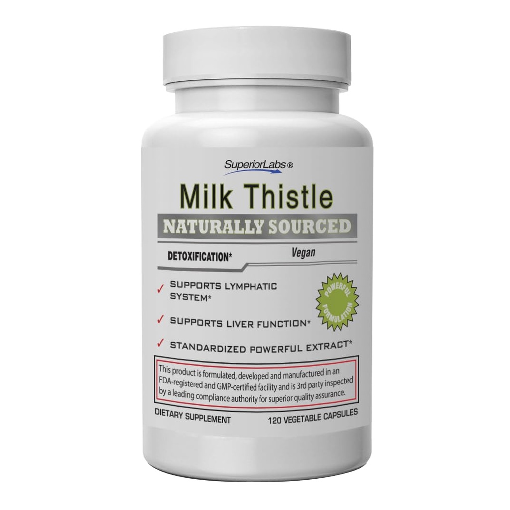 Superior Labs Milk Thistle NonGMO - 80% Silymarin Flavonoids - Výkonná formula pre zdravú pečeň, obličky, detox a funkcie, Energia - 250 mg 4:1 extrakt Vyťaženie 1000mg, 120 Rastlinné kapsy