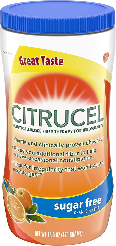 Citrucel Sugar Free Fiber Powder for Occasional Cescape Relief, Metylcelulóza Fiber Powder, Orange Flavor - 16.9 Ounces