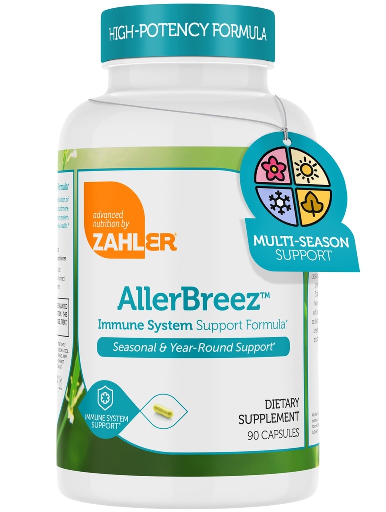 Zahler AllerBreez Immune System Support Formula with Vitamin C, Quercetin, Vitamin B5, MSM & Stinging Nettle - Seasonal & Year-Round Immune Support Supplement, Dhist Allergy Supplement (90 Capsules)
