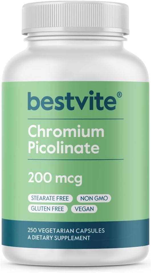 BESTVITE chróm pikolinát 200mcg (250 Vegetariánske kapsule) - Žiadne stearáty - Bez dikalciumfosfátu - Vegan - Gluten bez - non-GMO