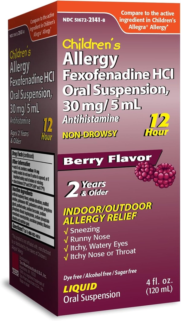 TARO Children's 12HR Alergy Relief Non-drowsy Antihistaminika Tekutina, Berry Flavor, bez alkoholu, bez farbív a bez cukru, Fexofenadín HCl (4 oz)
