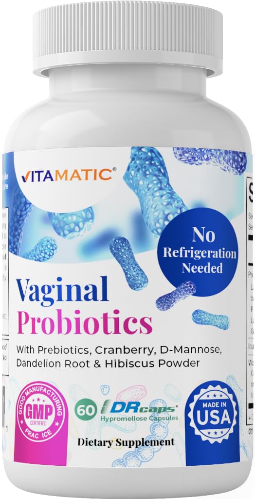 Vitamatic Vaginálne probiotiká 20 miliárd pre ženy Rovnováha pH a kontrola zápachu s prebiotikami a probiotikami 60 kapsúl DR - vyrobené z brusníc, D-manózy, Hibisucs a púpavy