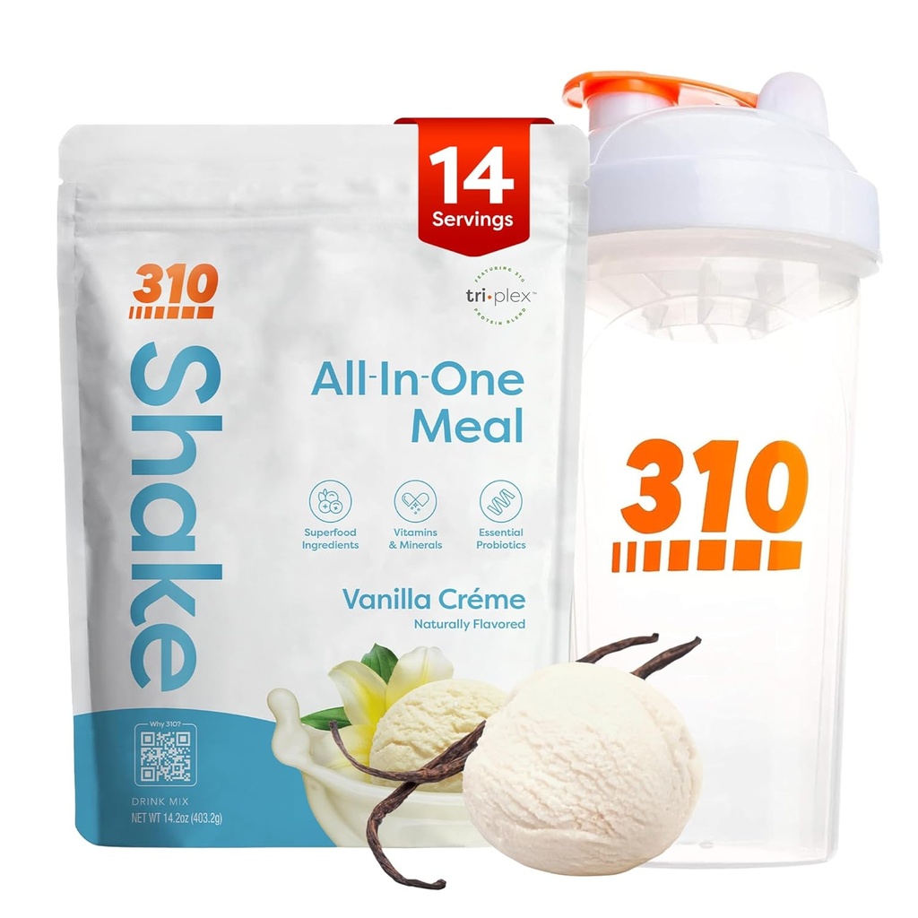 310 Nutrition All-in-One Replacement Shake Powder w/Shaker Cup Starter Kit - High Protein Fiber Rich Vegan Superfood Blend - bez cukru, Keto & Paleo Friendly, Low Carb - Vanilla Creme 14 srv
