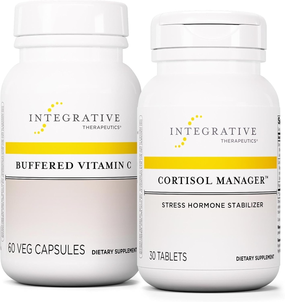 Integratívne terapie Bundle s Cortisol Manager, 30 tabliet - Pufrované vitamín C kapsule 1000 mg, 60 Vegan Kapsule - Stress Supplement with Ashwagandha* - Immune Supplement with Antioxidants