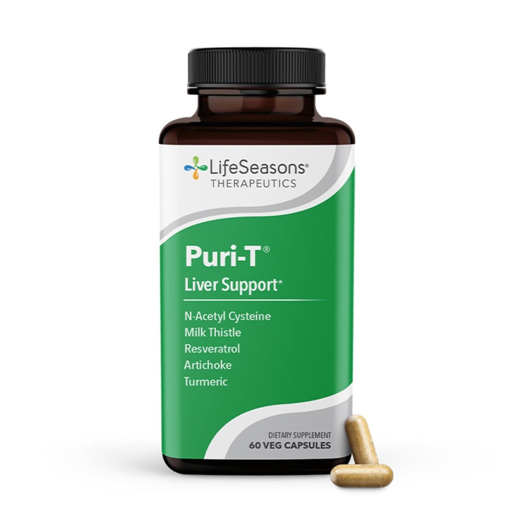 LifeSeasons Puri-T - Pečeň Cleans & Detox Suplement Suplement - Resveratrol, N-Acetyl Cysteine, Milk Thitle, Artičok & Turmeric - Podporuje regeneráciu tkanív a zdravý tok pile - 60 kapsúl