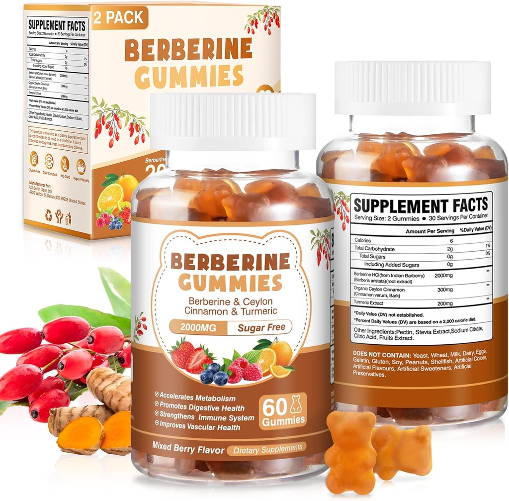 120 gróf Berberine extrakt Gummies 2000mg Natural Organic Berberine Extract HCI Supplement with Ceylon škorica Turmerica for Women Muži Podpora Tráviace imunitný systém Metabolizmus zmiešané Berry chuť