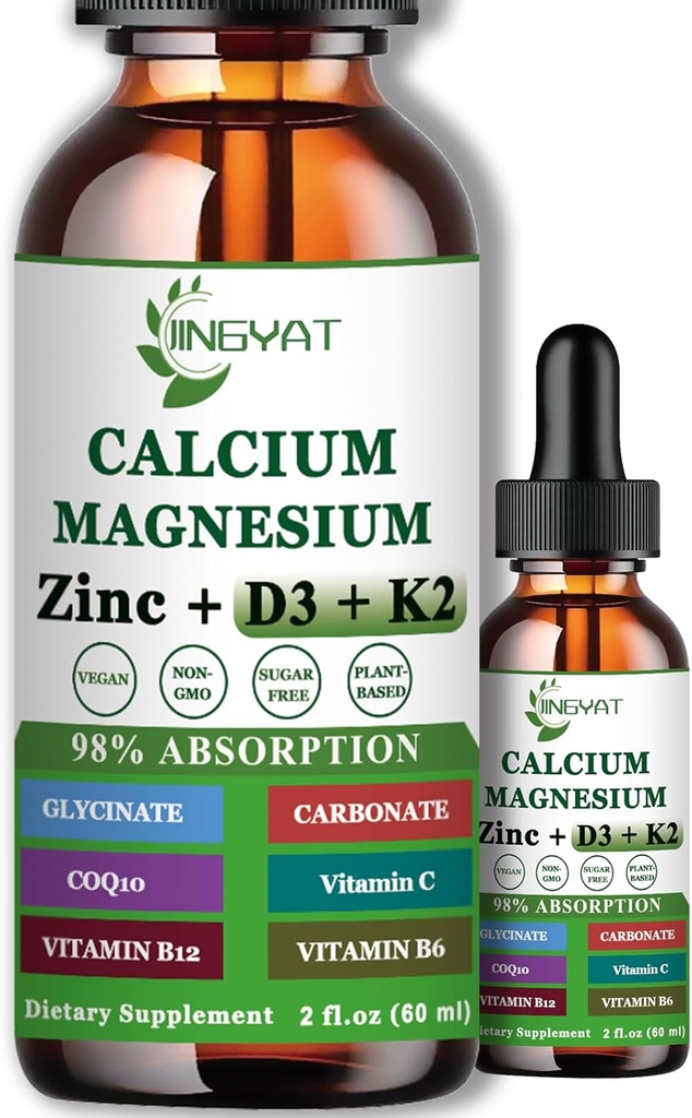 Vápnik Magnézium Zinok Tekuté kvapky, Tekutý Magnézium Glycinát 500mg Vápnik 1000mg s vitamínom D3,K2,B6,B12,Coq10 pre kostnú silu, svalová funkcia,6X silnejšie ako Gummies kapsuly