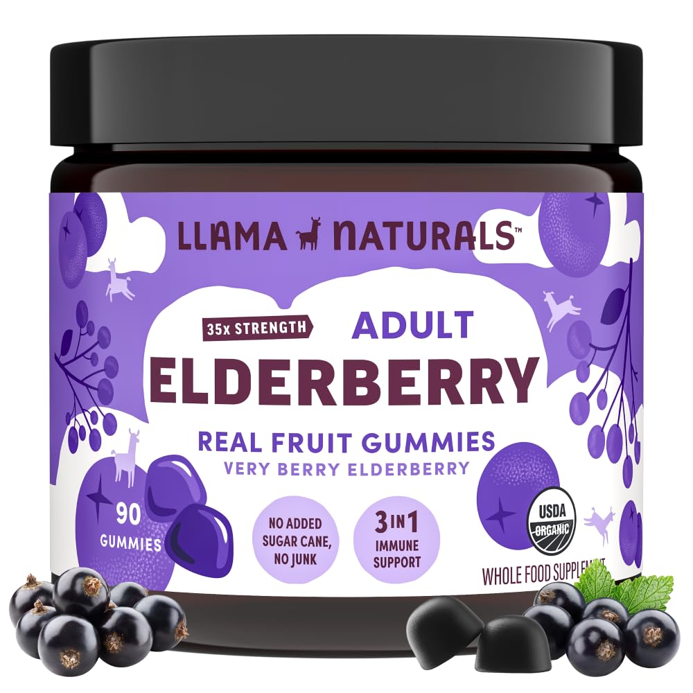 Llama Naturals Elderberry Gummies pre dospelých, Vegan, Organic Immune Suplement with Vitamin C and Zinc, Real Fruit Gummy Vitamins for Imunity, Chewable, Nodded Sugar Cane, 90 Ct