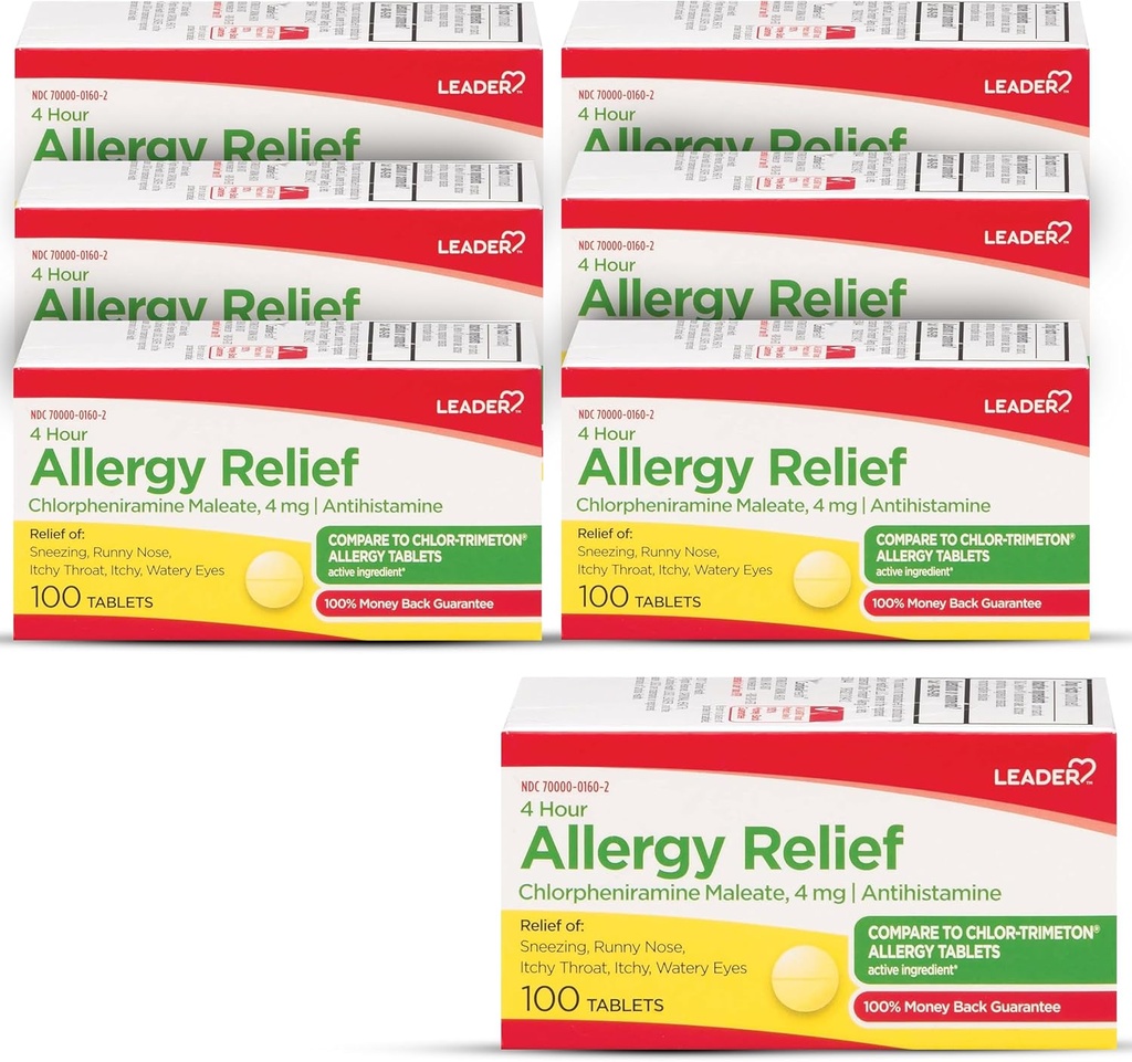 Leader 4 Hour Allergy Relief, Chlórfeniramín Tablety s maleátmi, Antihistaminikum, 4 mg, 100 gróf (Pack of 6)