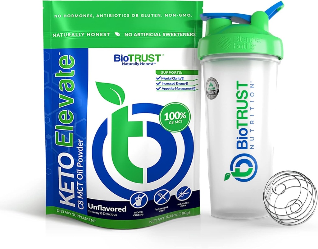 BioTrust Keto Elevate Pure C8 MCT Oil Powder (Unflavred) BlenderBottle Bundle