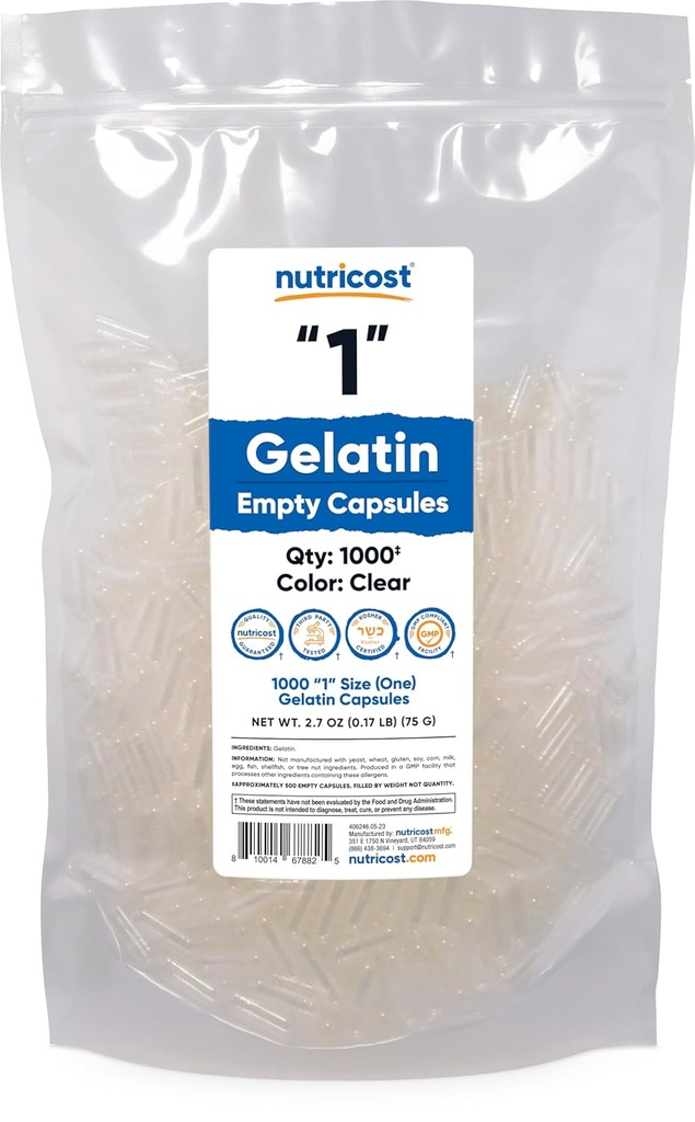 Nutricost Prázdne kapsuly Želatína Veľkosť 1-1000 Jasné Prázdne '1' Gélové kapsuly - Kosher, Non-GMO, Soy Free, Gluten Free
