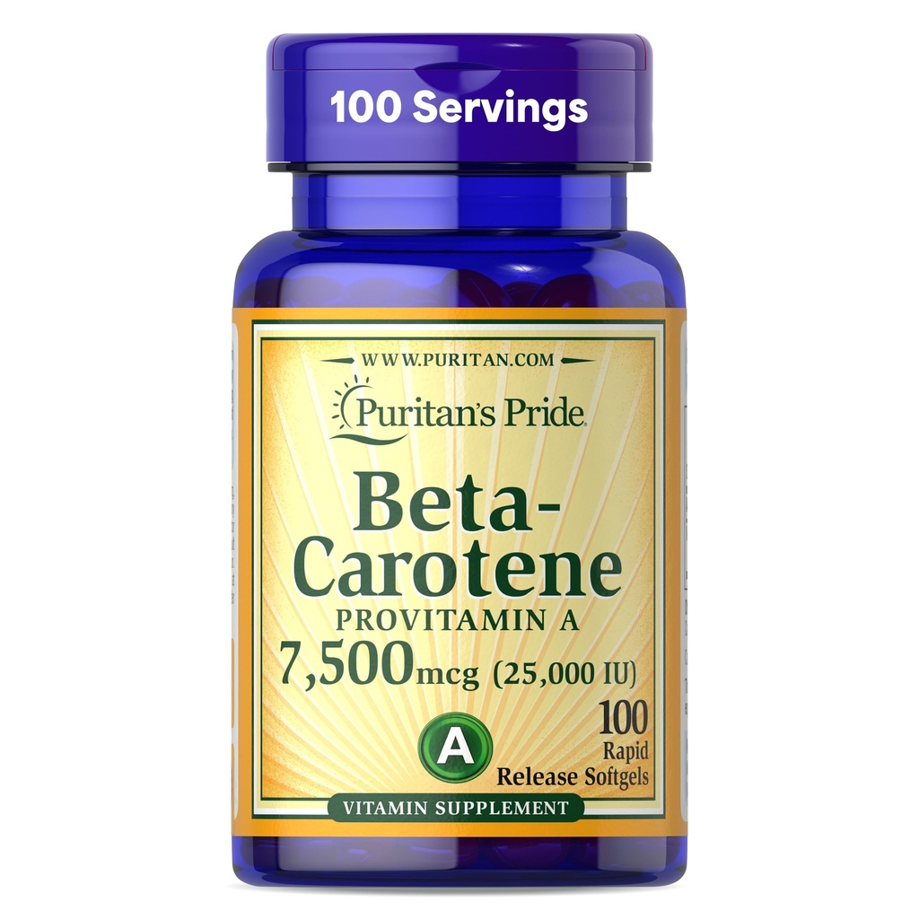 Puritánska pýcha Beta karotén Provitamín A 7 500mcg (25 000 IU), Vitamínový doplnok pre imunitný systém, Antioxidant a podpora zdravia očí, 100-dňový zdroj, 100 Rýchle vydanie Softgels