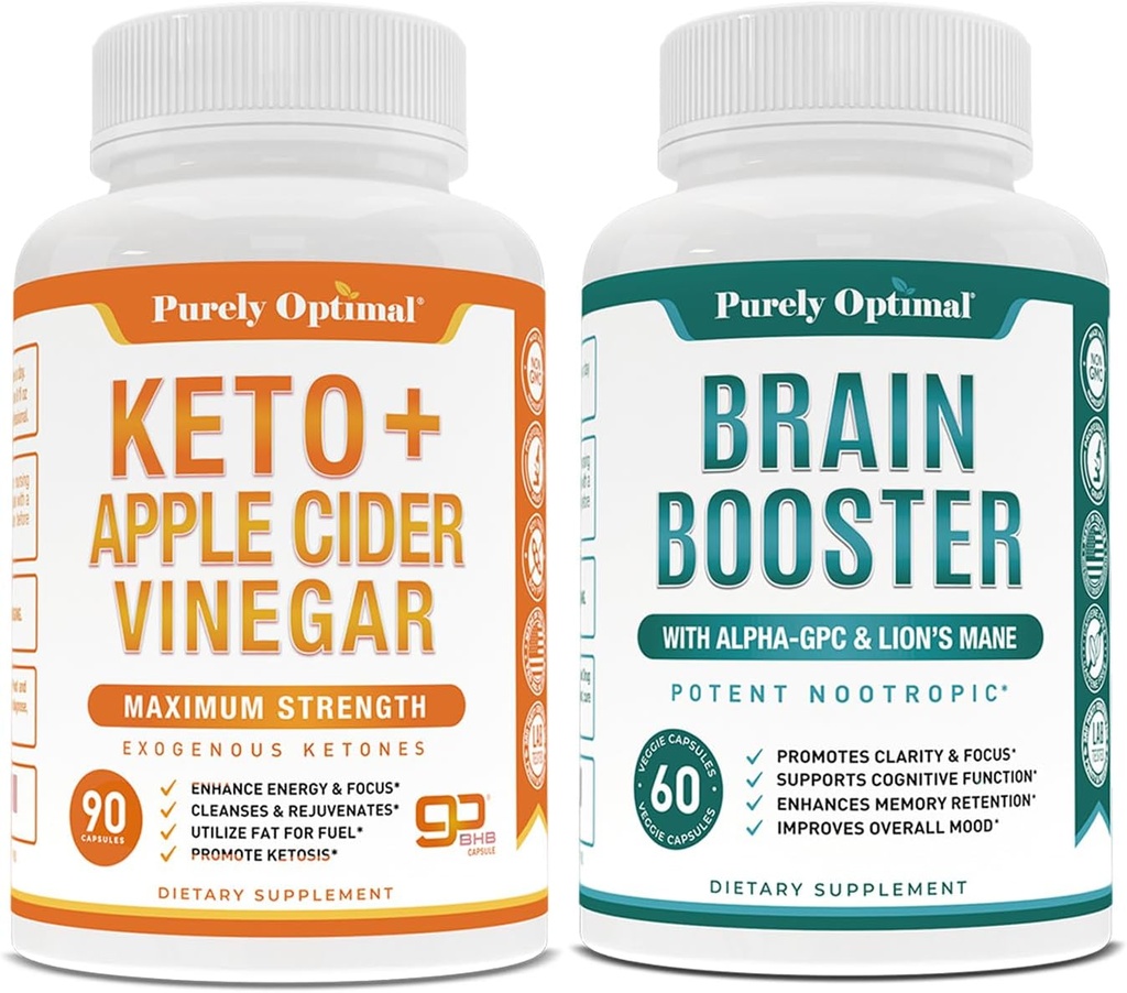 Purely Optimal Premium Keto Pills + Apple Cider Ocogar Capsulas with Mother + Premium Brain Supplement - Nootropic Brain Booster for Focus, Clarity, Improved Memory, Concentration & Better Mood