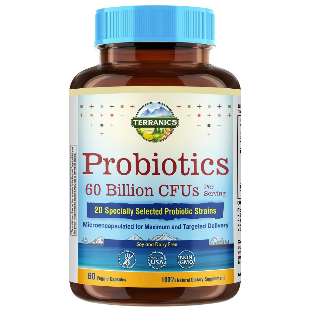Terranics Probiotiká 60 mld. CFU, 20 kmene, 60 Veg kapsuly, Prebiotiká a probiotiká, Police Stable Probiotic Supplement for Men & Women, Digestive & Immune Health, Non- GMO, NO Soy, Dairy & Gluten
