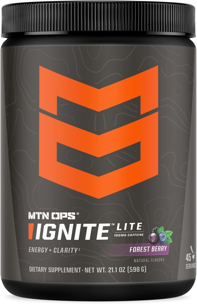 MTN OPS Ignite Lite Energy Drink Powder Gluten Free Nitric Oxide Supplement Drink Mix, L Arginine, L Citruline, Caffeine & Nootropic Cucur Free Drink Mix, 45 Servings, Forest Berry