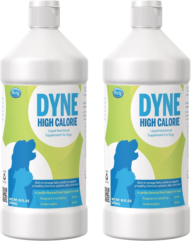 PetAg Dyne High Kalórie Liquid Nutritional Supplement for Psi & Šteniatka 8 Týždne a staršie - 16 oz, balenie 2 - podporuje výkon a vytrvalosť - Sladká Vanilková aróma