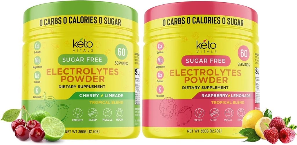 Keto Vitals Cherry Limeade Bundle s malinovkou Lemonade - 2 balenie Bundle Keto Electrolytes prášok - Electrolytes s draslíkom, horčík, sodík, vápnik - Cherry Limeade a malinová citróna