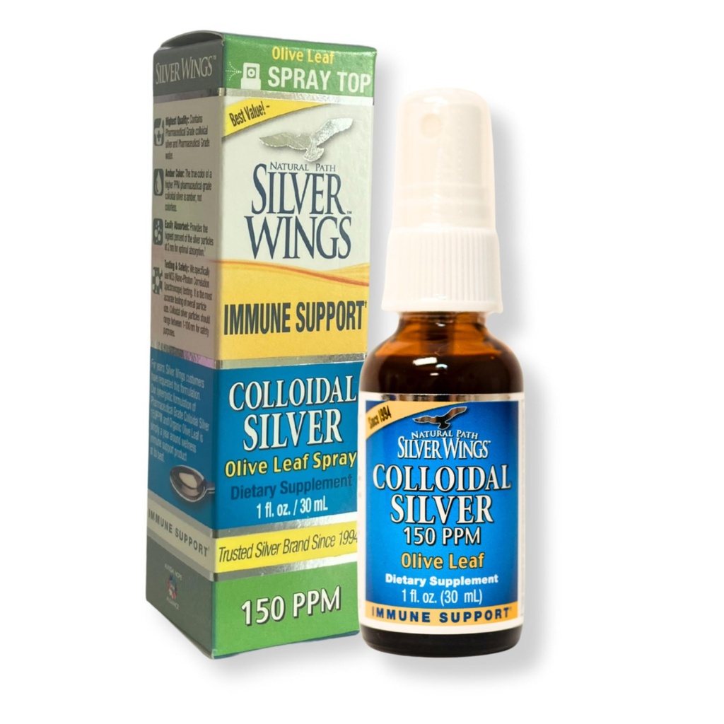 Natural Path Silver Wings Koloidné striebro 150ppm (750mcg) w/Olive Leaf - Imunitná podpora doplnok - 1oz Spray