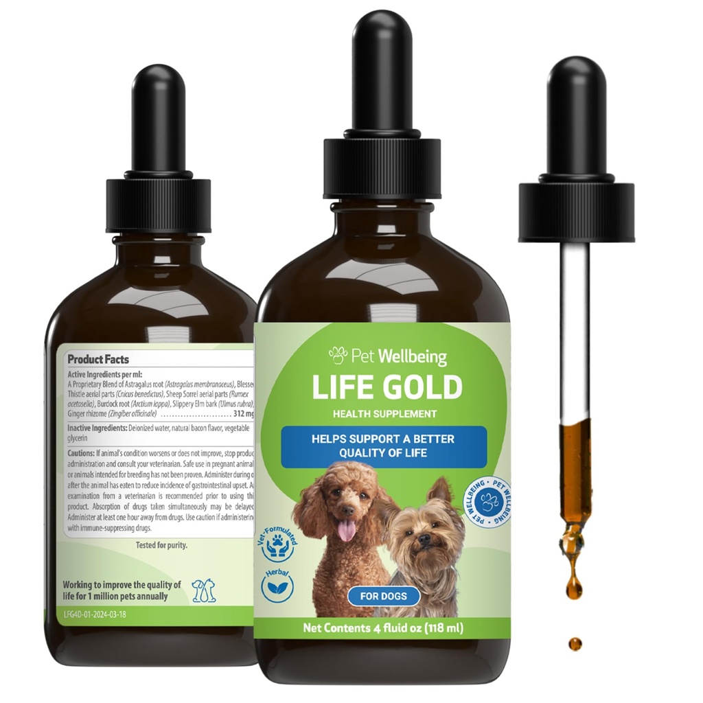 Pet Wellbeing Life Gold for Psy - Podpora detoxikácie, Imunitný systém Zdravie, Antioxidanty - Vet-formulované bylinné doplnky 4 oz (118 ml)