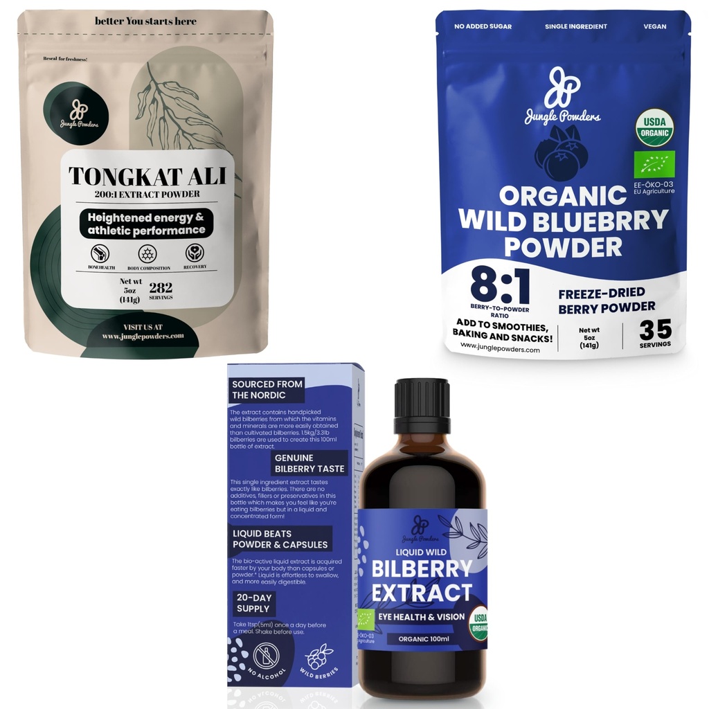 Jungle Powders Ultimate Men's Health & Wellness Bundle: 5oz Tongkat Ali Powder, 5oz Wild Blueberry Powder & 3.4oz Organic Brusnic Liquid Extract - Premium Supplements for Drive, Passion, Eyesight