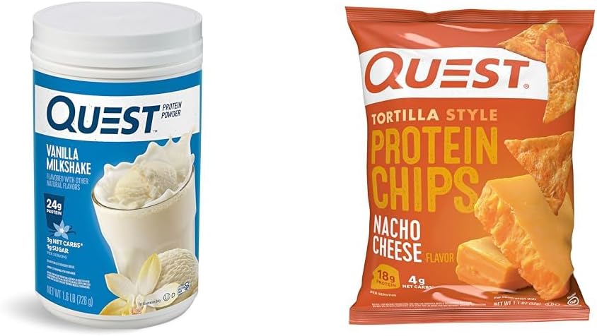 Quest Vanilla Milkshake Protein Powder, 24g Protein, 1.6lb + Quest Nacho Cheese Tortilla Style Protein Chips, 18g Protein, balenie po 12