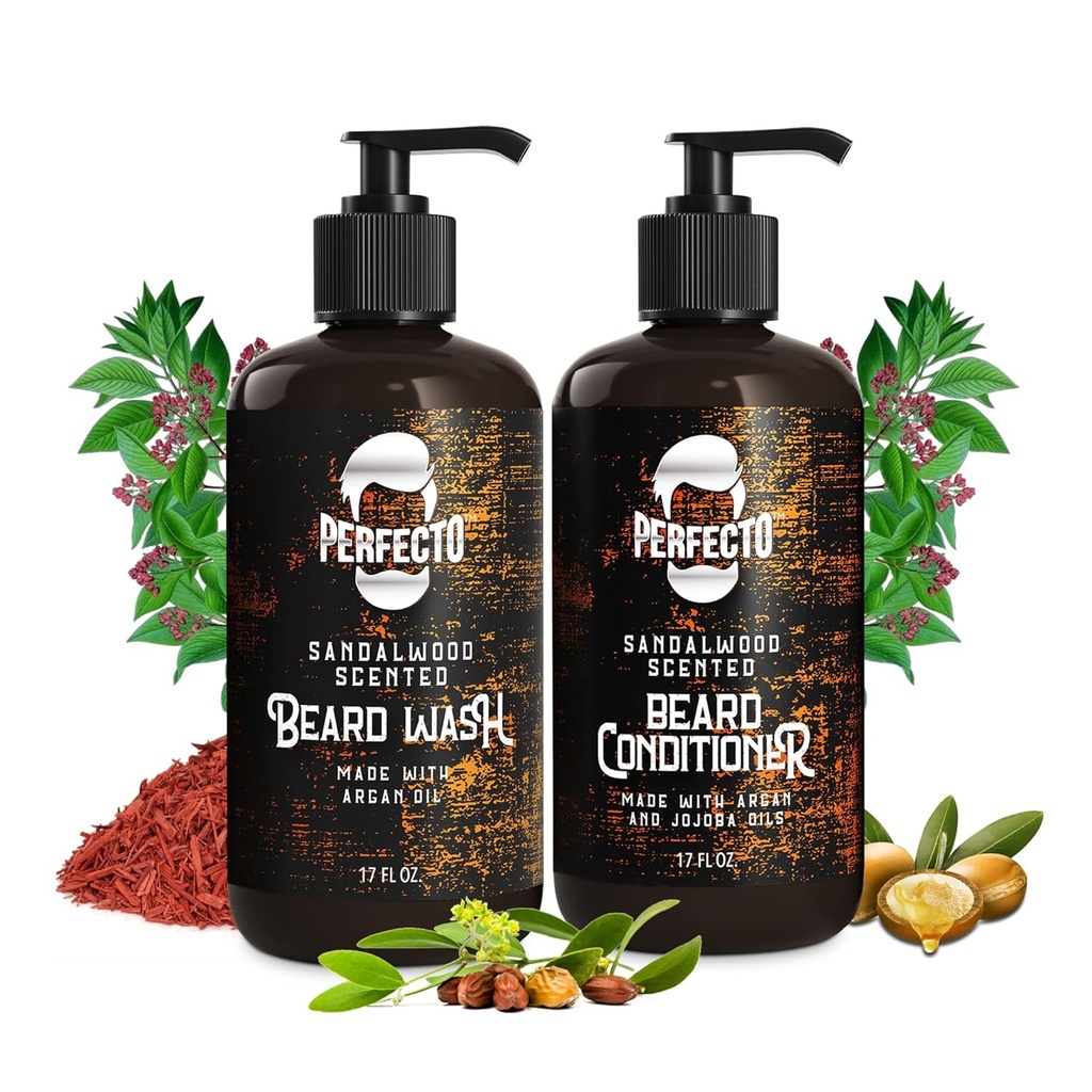 Perfecto Beard Wash & Beard Conditioner Set s argánskymi a jojobovými olejmi - Posilňuje a zjemňuje - Prírodná vôňa santalového dreva
