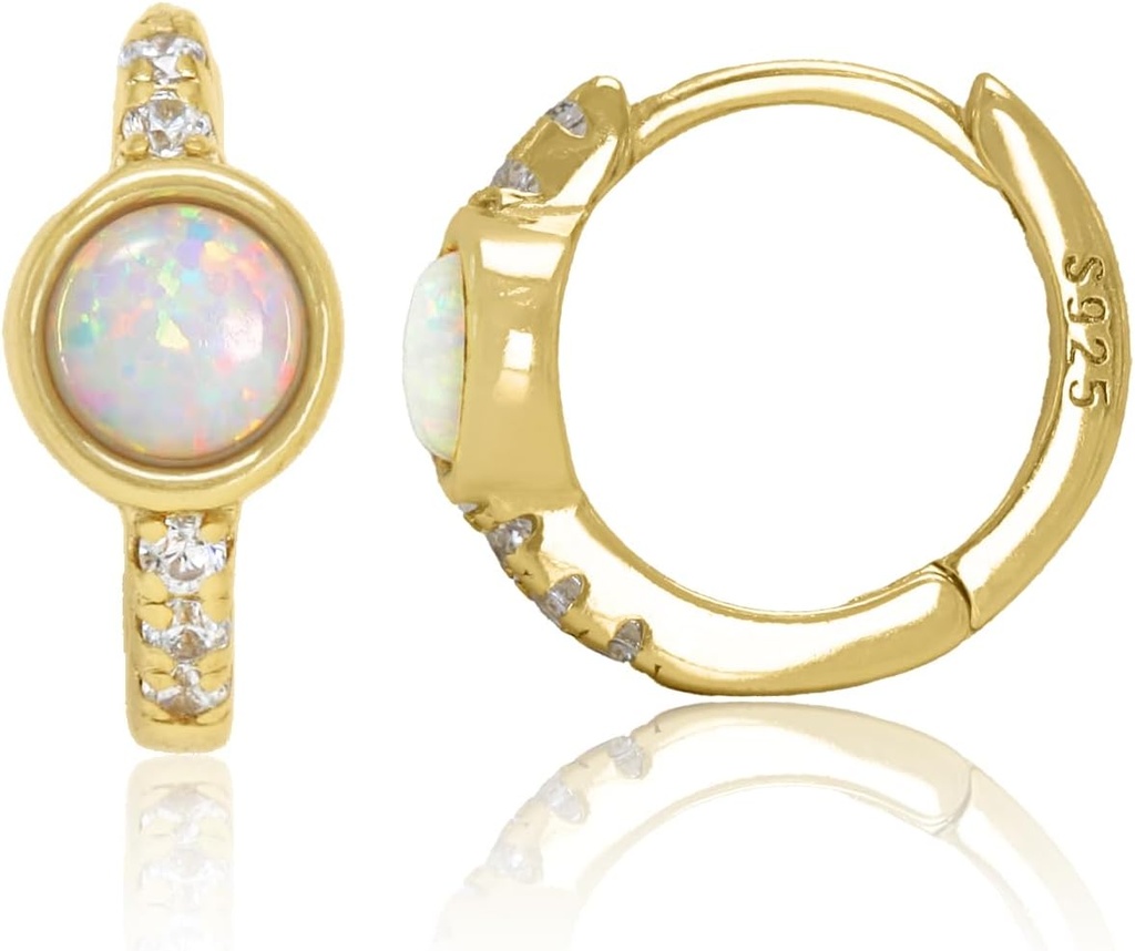 14K Gold Plated 925 Sterling Silver Created White Opal Huggie Hoop náušnice