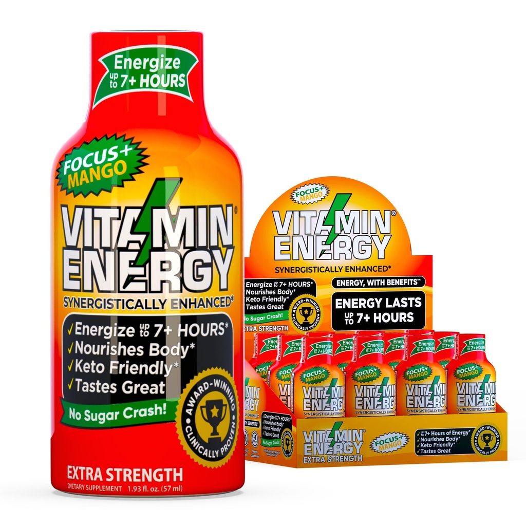 Vitamín Energy Focus+ Extra sila Energia Shot Mango 12 Balenie, 260mg prírodný kofeín, B-vitamíny, CoQ10, aminokyseliny, zameranie, produktivita a jasnosť, Zero Sugar, Gluten-free, 1,93 fl oz