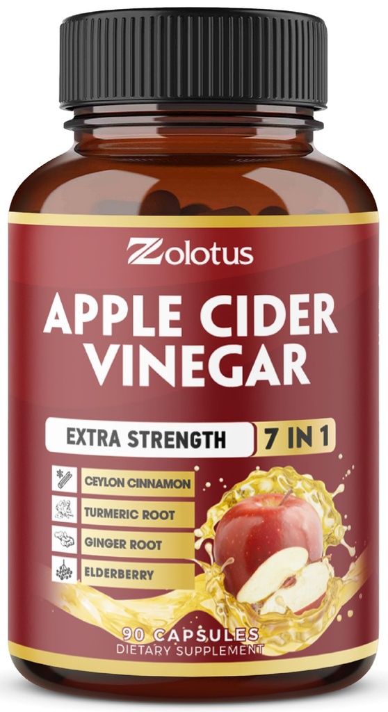 Zolotus 7 v 1 kapsule Apple Cider Ocogar, 3 mesiace Dodávka s škoricou Ceylon, Zázvor, Turmerica, Staršie plody na podporu Zažívacie, Immune, 90 kapsúl