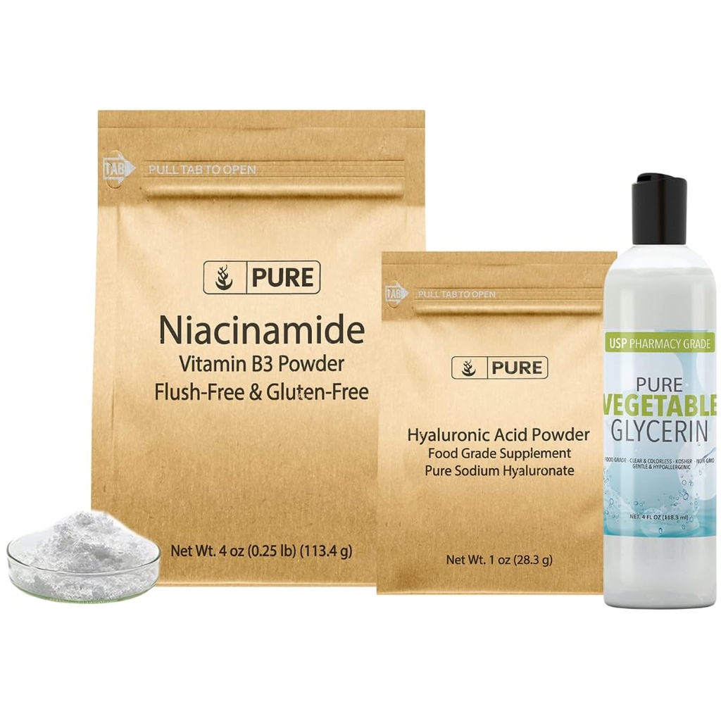 Pure Original Ingrediencie Kyselina hyalurónová, Niacínamid, a Glycerin Bundle, Rôzne veľkosti, bez zápachu, bezfarebné