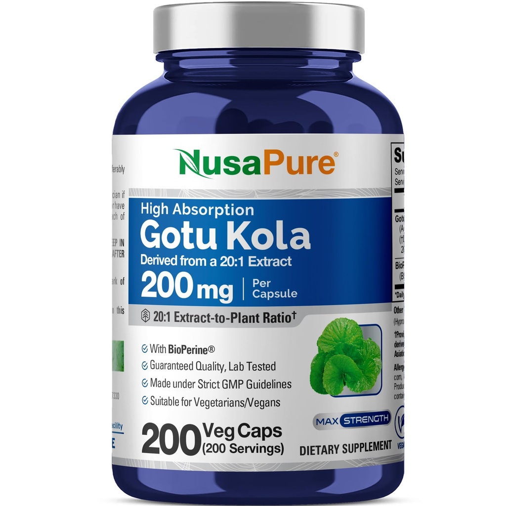 NusaPure Gotu Kola Kapsule 20:1 extrakt, 200 mg ekvivalent 4000mg per Veggie Caps, 200 gróf, Non-GMO, Vegan, Bioperine - tradičný rastlinný extrakt
