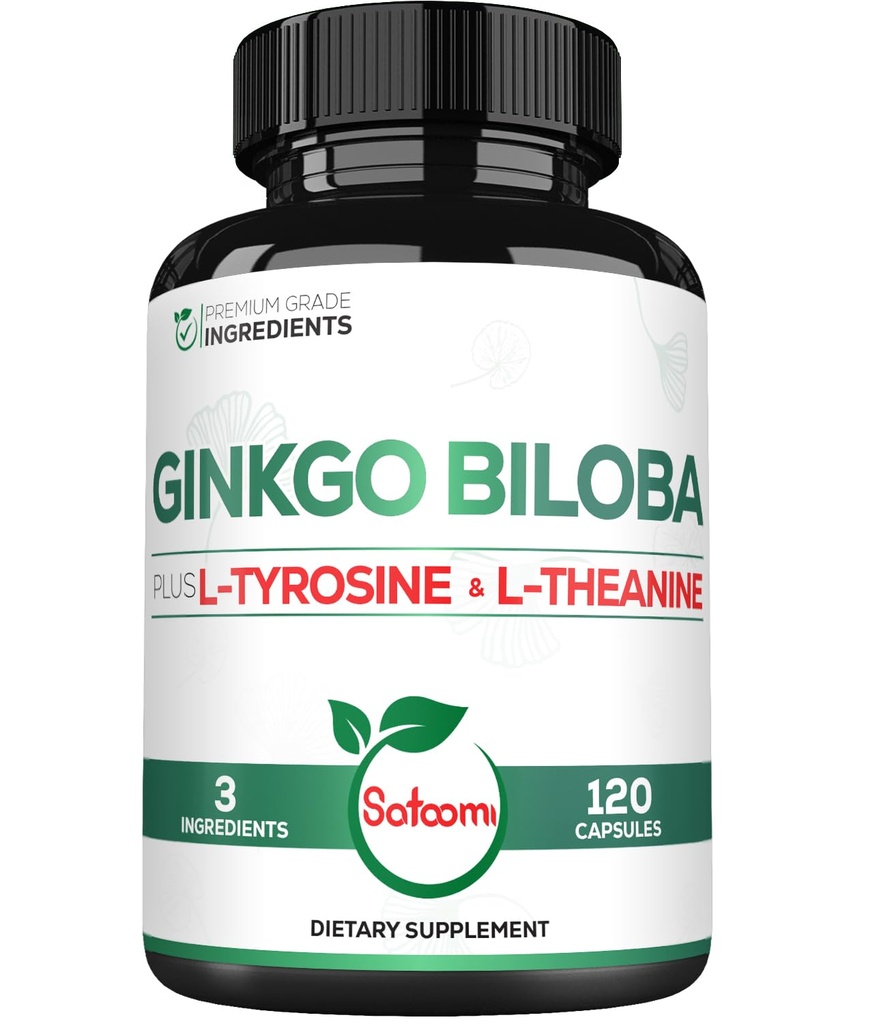 1000mg Ginkgo Biloba Supplements with L-Tyrosine, L-Theanine - 120 Kapsule pre 2-Month Supply - Support Focus, Mermory Function, Brain Health & Vision Quality