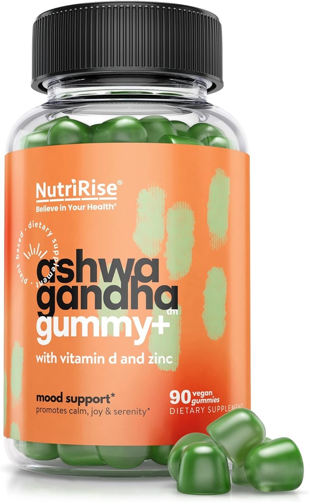 Nutririse High Potency Ashwagandha Gummy s vitamínom D, zinok, podporuje prírodné relaxácie, spánok a imunita, špenát prášok superpotraviny, 30:1 Koncentrovaný koreňový extrakt ekvivalent 2250 mg, 90 Počet