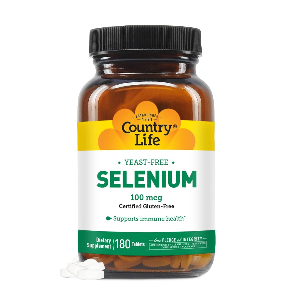 Country Life Selénium, bez kvasu, podporuje imunitné zdravie, 100 μg, 180 tabliet, bez lepku, Vegan, Halal