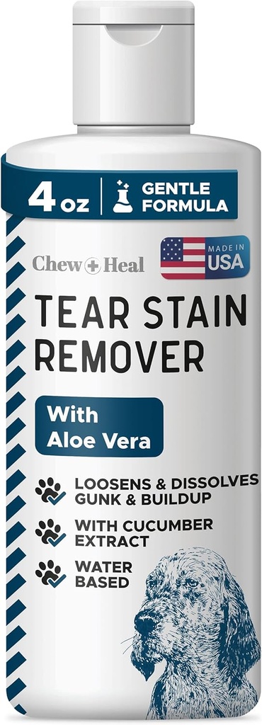 Chew + Heal Labs Pet Tear Stain Remover for Dogs - 4 oz Water-Based Dog Očné umývanie a čistenie - Rozpúšťa Gunk & Buildup - Aloe Vera & Cucumber Extract