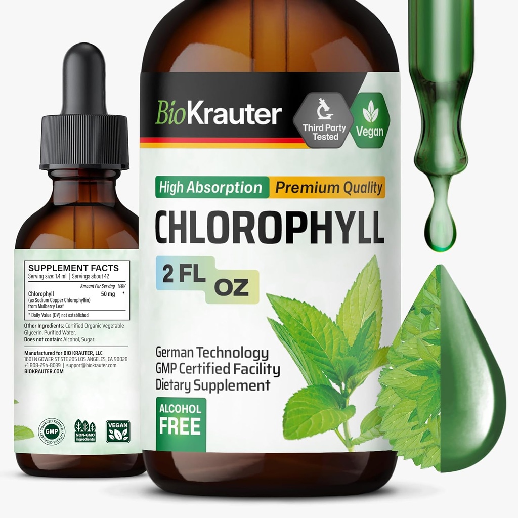 BIO KRAUTER Liquid Chlorofyl Drops - Cleanse & Immune Support - Internal Deodorant - Sodná meď Chlorofylín Extract Supplement - 2 fl oz